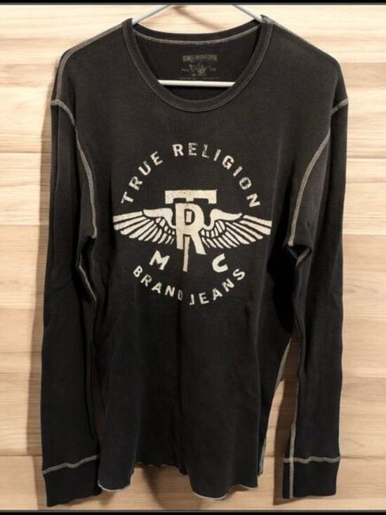 Vintage TRUE RELIGION Brand Jeans Thermal Shirt TRMC Black & White Men's Large - Picture 1 of 5